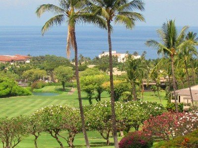 Manicured resort grounds with tropical flowers and ocean view in Wailea